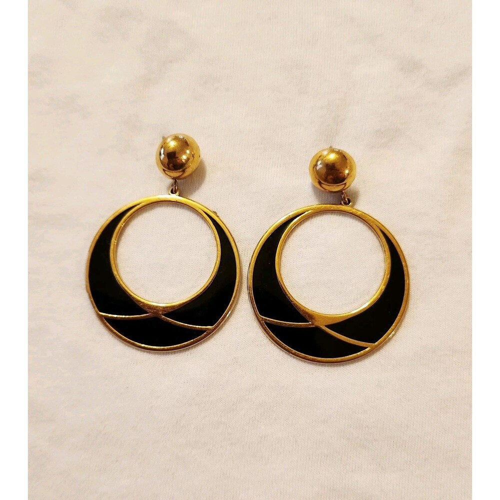 Vintage MONET Hoop Earrings Gold-Plated Decorated With Black Enamel Mod Chic